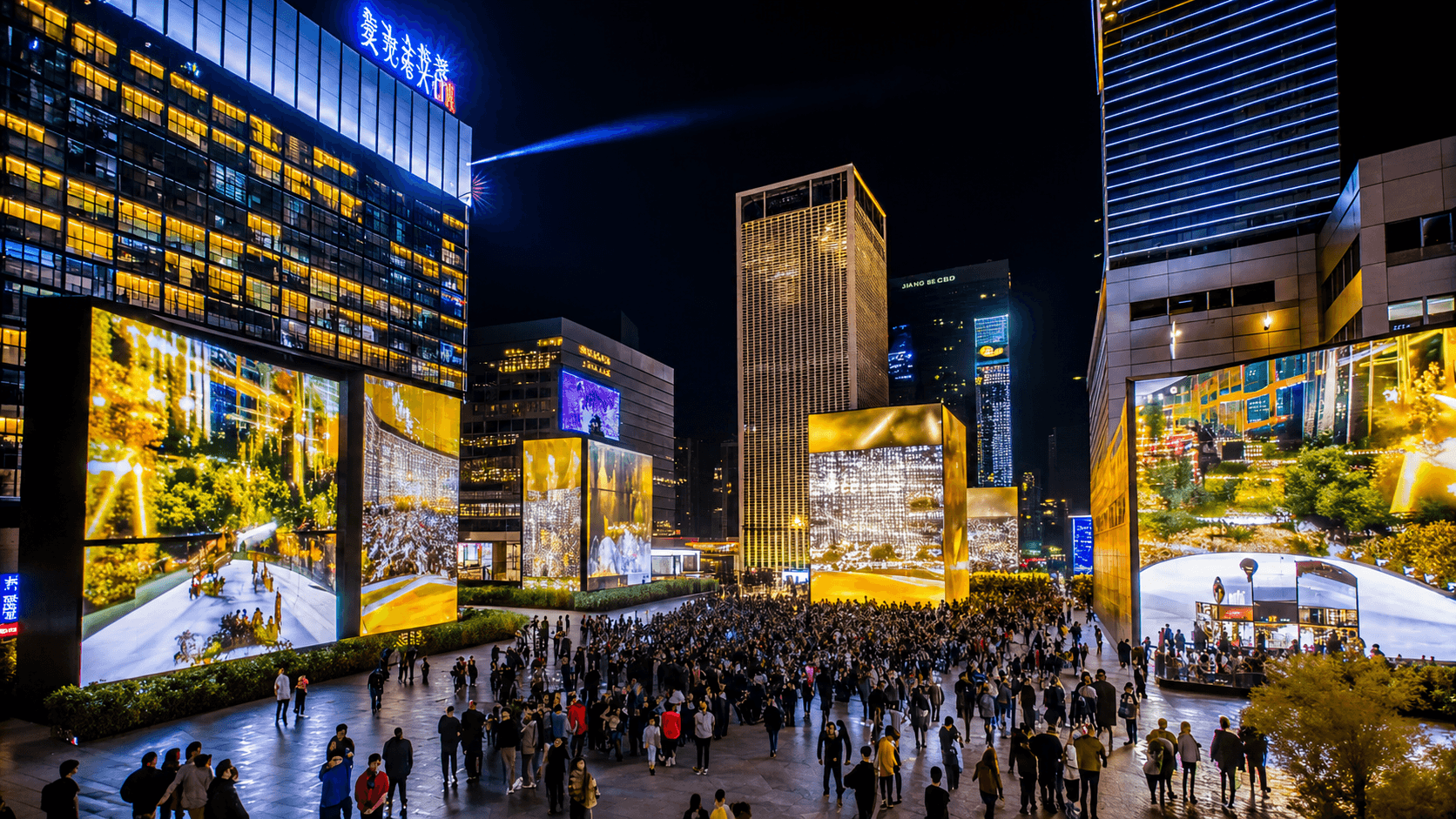 Crowd gathered at night among illuminated skyscrapers and giant screens
